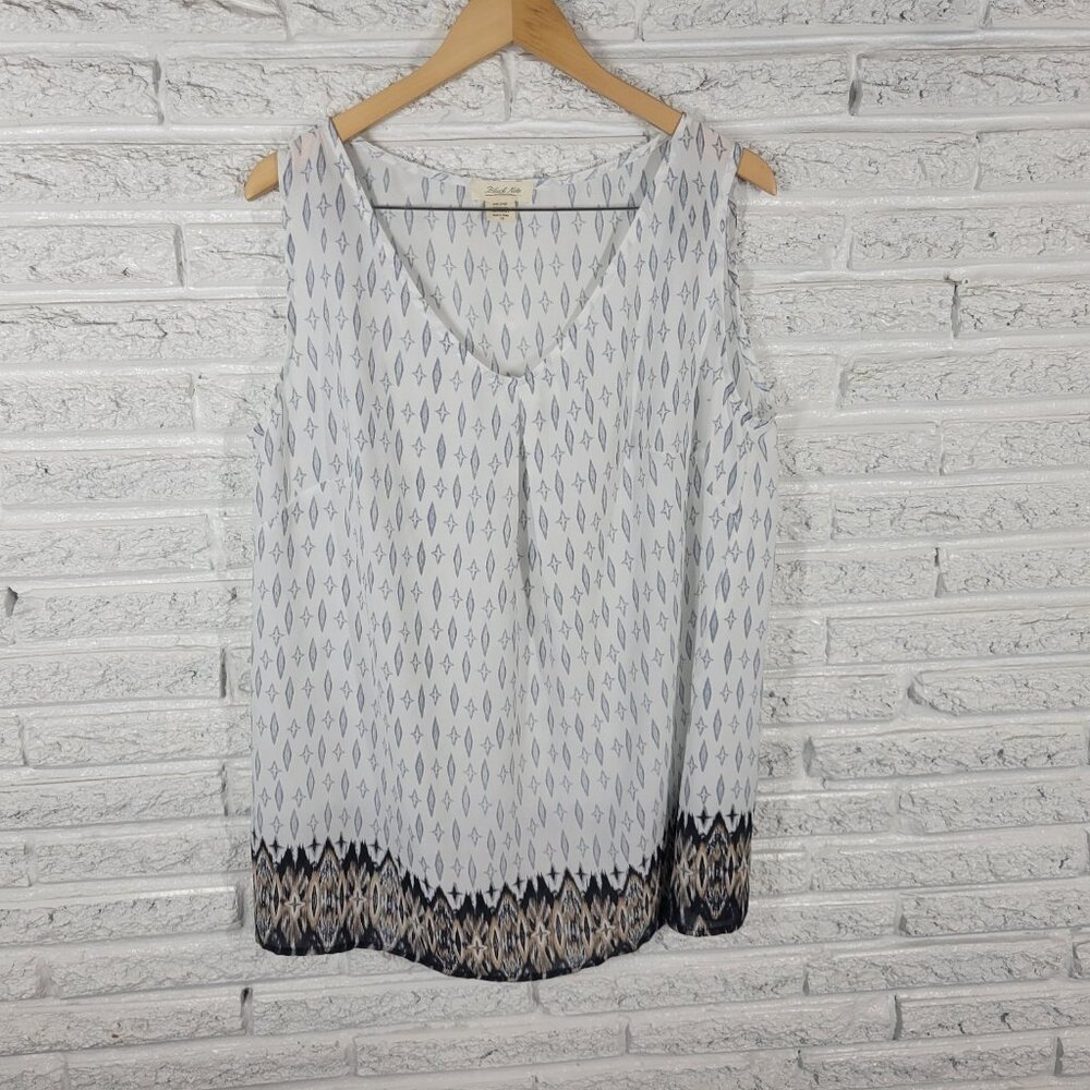 Black Note Women's 1X Plus Black Tan Geometric Sheer Sleeveless V-Neck GEO178XE